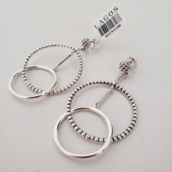 LAGOS Signature Caviar Sterling Silver Double Circle Drop Earrings - Picture 6 of 13